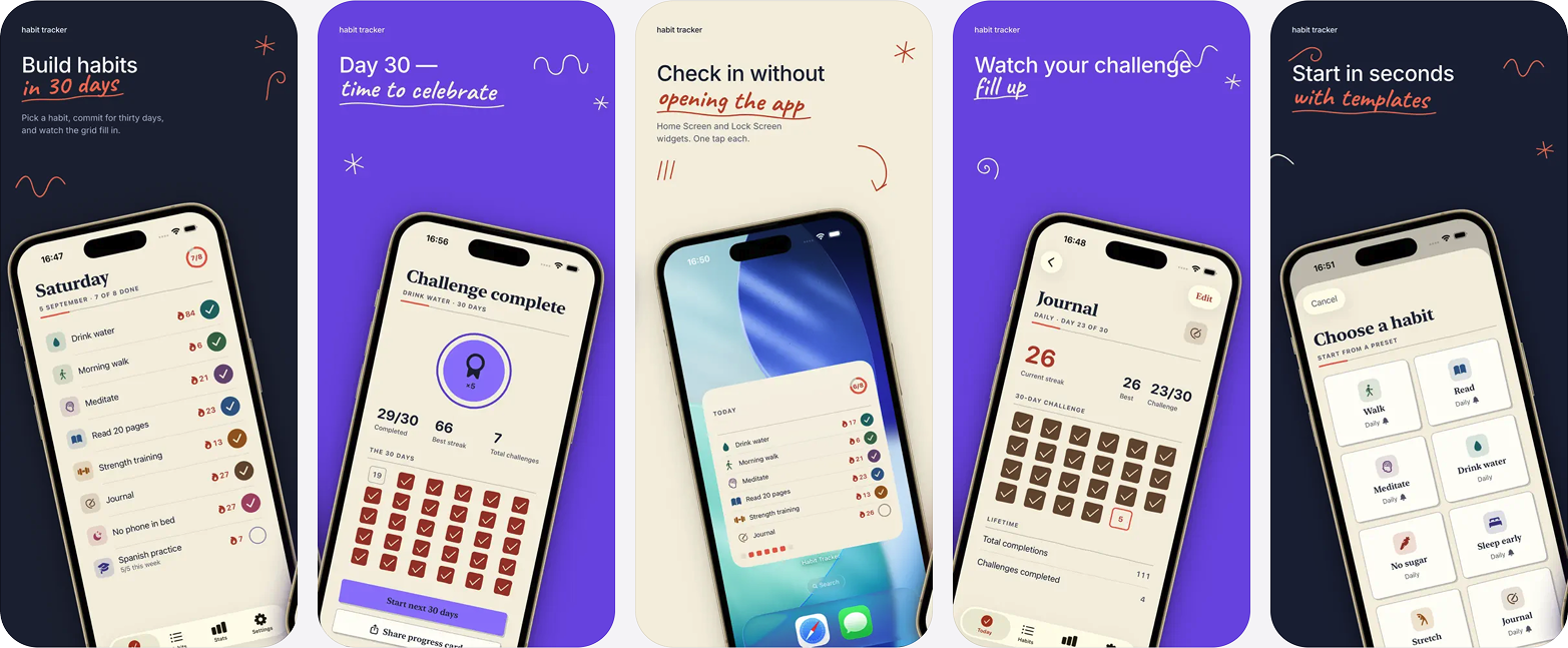 Five phone screens: a day's habit list on paper, a completed 30-day challenge card, Home Screen and Lock Screen widgets, the journal view with streak counts and a filling grid, and the preset habit picker.