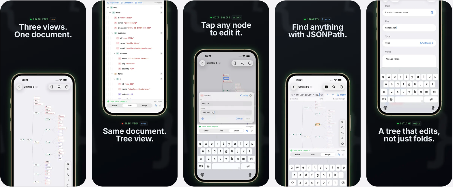 Five phone screens: an API response drawn as a node-link graph, the same document as an outline tree, an inline node editor open over the graph, a JSONPath filter expression matching two nodes, and a key being renamed in the outline.