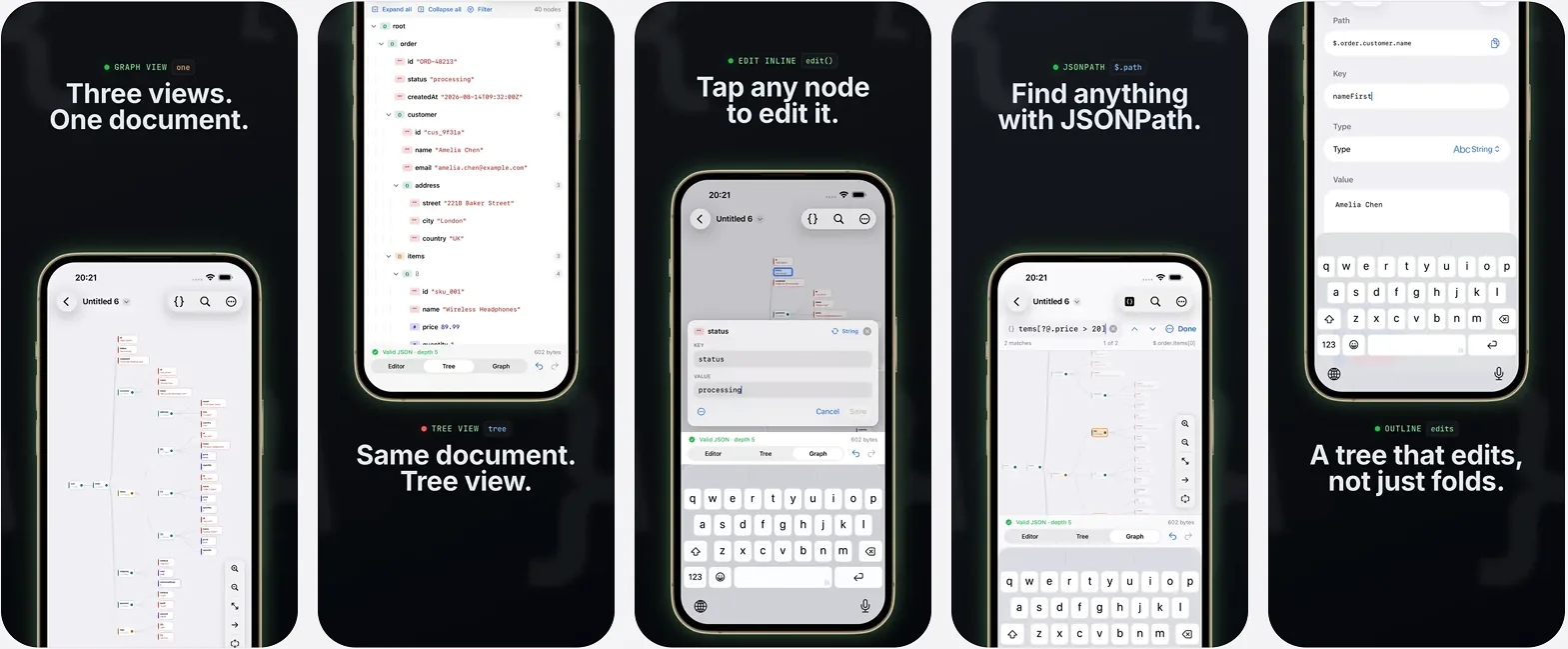 Five phone screens: an API response drawn as a node-link graph, the same document as an outline tree, an inline node editor open over the graph, a JSONPath filter expression matching two nodes, and a key being renamed in the outline.
