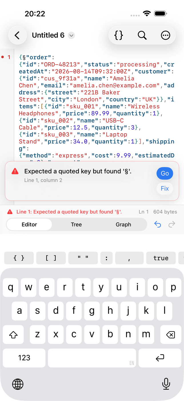 A minified JSON document in the editor with a banner reading Expected a quoted key but found a stray character, line 1, column 2, with Go and Fix buttons