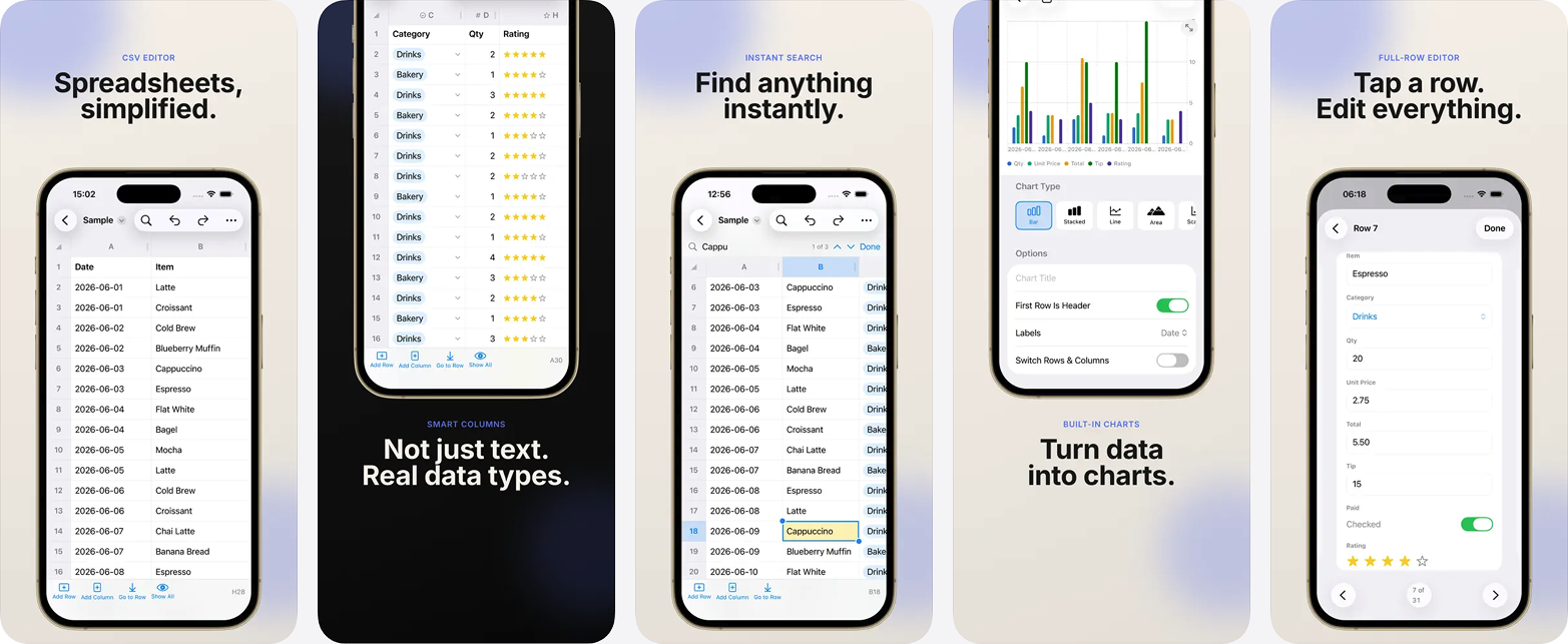 Five phone screens: a sales sheet in the grid, typed columns with star ratings and dropdowns, an instant search match highlighted mid-sheet, the chart builder, and the full-row editor for a single record.