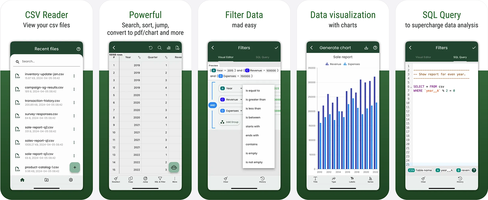 Five phone screens: a recent-files list, a 68,000-row sheet open, the visual filter editor building a condition, a bar chart generated from sales data, and a SQL query running against the file.